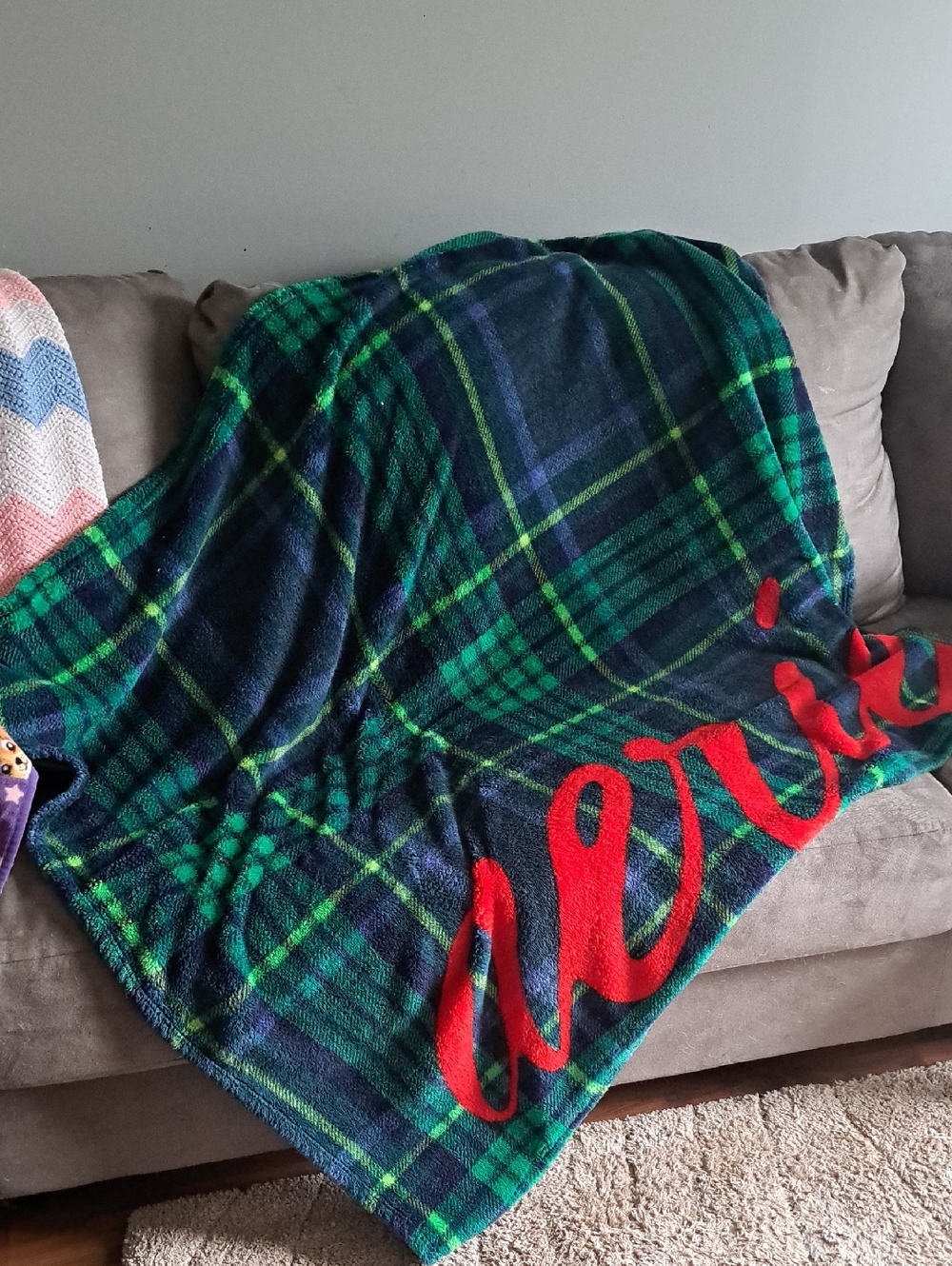 aerie Green & Navy Plaid Holiday Throw with Red Script Accent